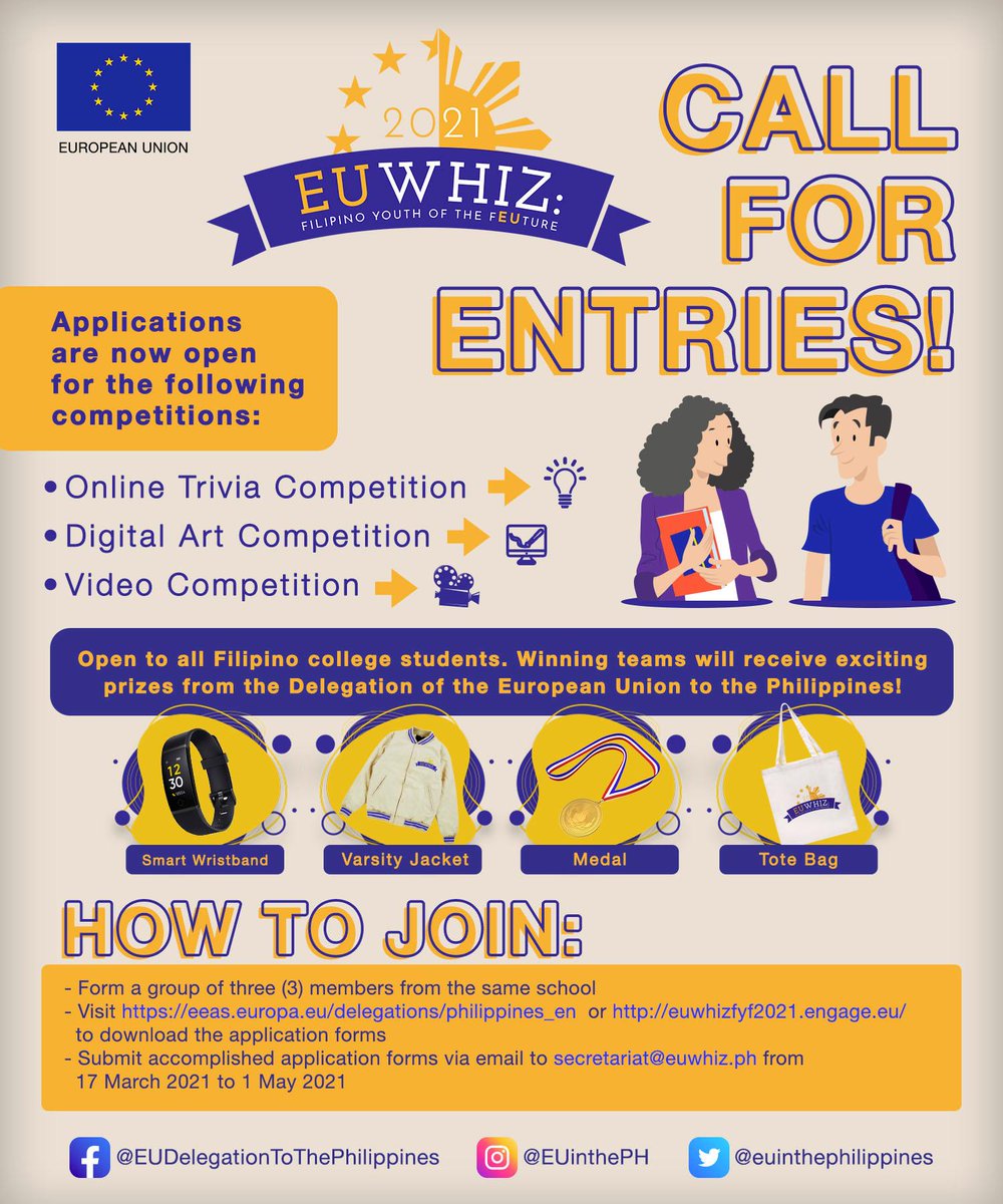 ADDU_Global's tweet photo. CALL FOR ENTRIES📣| You are invited to join the EU Whiz - an annual student competition conducted by @EUinthePH.
College students may participate in three main competitions:
✅EU Whiz Online Trivia Competition;
✅Digital Art Competition; and
✅Video Competition. https://t.co/jRnEQmGe8r