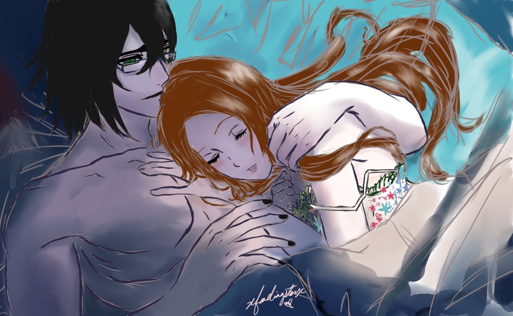 xfadingstarx1's tweet photo. Bedside cuddles~~ 
.
.
This was one of my first attempts at colour. I've learned so much since this. 
#ulquihime #ウル織 #ウルキオラ #井上織姫 https://t.co/yFhiBi0bir