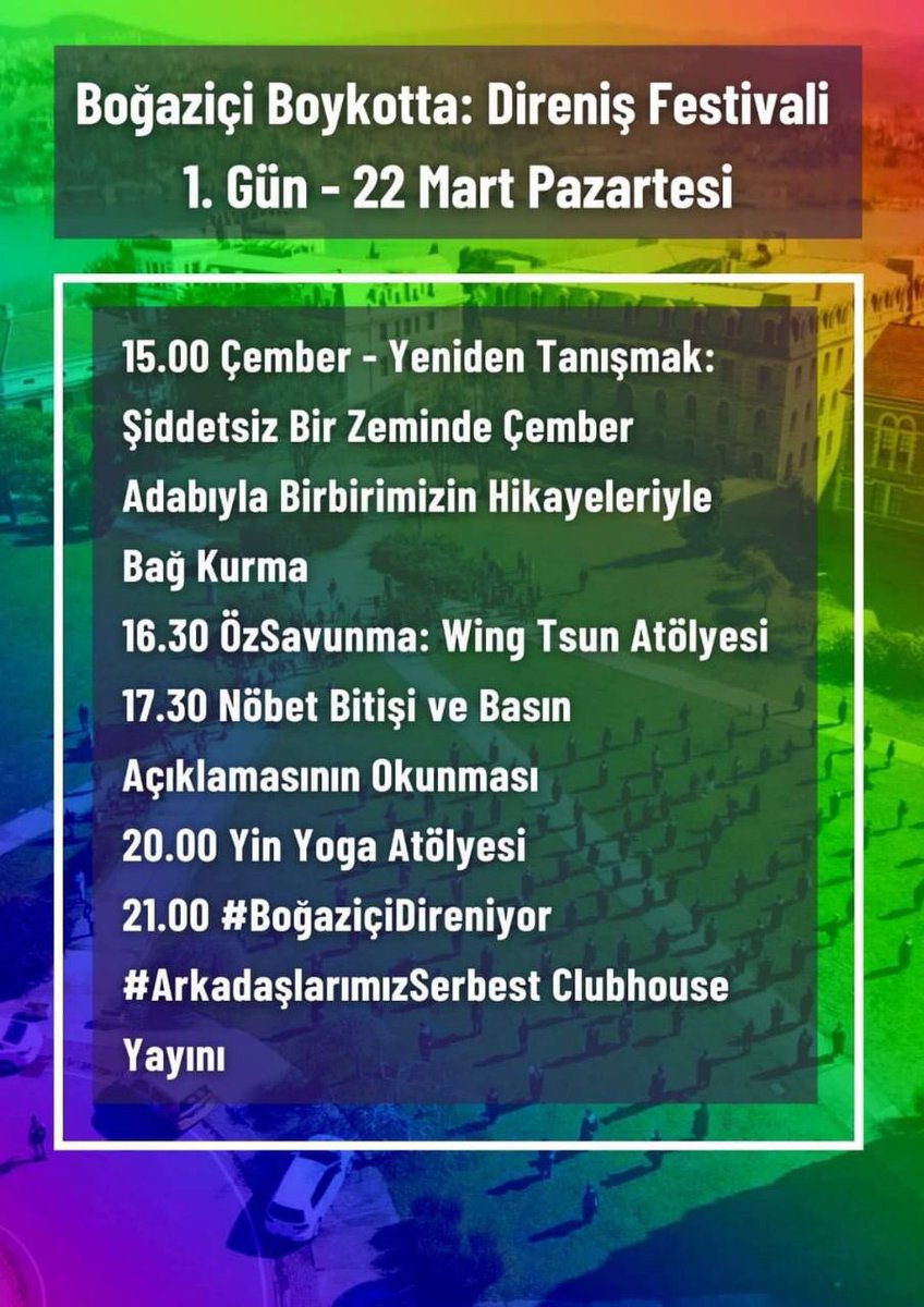 nocontextBOUN's tweet photo. Boğaziçi Boykotta: Direniş Festivali

Günün Programı (22 Mart Pazartesi)

#BundanSonrasıBoykot 
#BundanSonrasıHepimizde https://t.co/F4Wayuulql