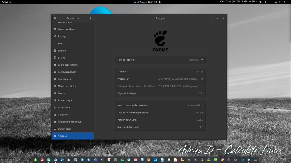 _adriend_'s tweet image. C'est dispo depuis plus d'une semaine, mais je viens seulement de mettre à jour ma #CalculateLinux vers #GNOME 3.38 !
Voilà, je suis content, vous voyez on n'est pas si en retard que ça sur les bases gentoo :)