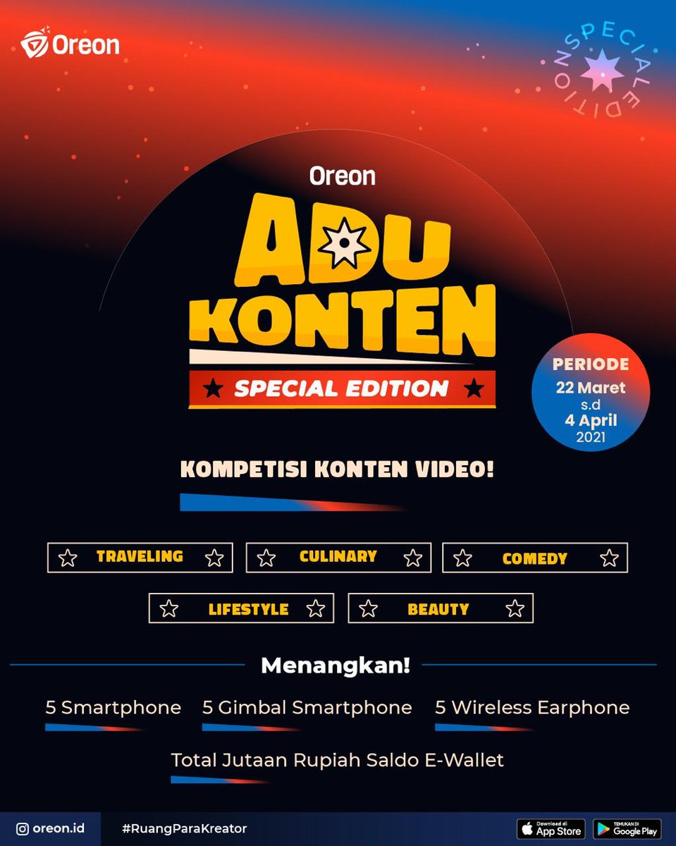 andiniharsono's tweet photo. Siang tweeps mau menginformasikan tentang lomba video nih, Oreon #AduKonten kembali digelar dg Special Edition. Periodenya 22 Maret - 4 April 2021. Masih ada 5 kategori yg bisa kalian ikuti ada Traveling, Culinary, Comedy, Lifestyle dan Beauty @OreonID 
(lanjut thread ya) https://t.co/ONyz8qRdVU