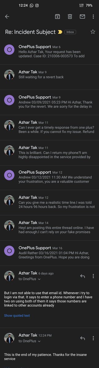 mohammadazhart's tweet photo. This is the world class treatment for a case where it was said that you will get a resolution within 24 hours. Over 20 calls and several emails we still stand here just 16 days apart with 0 resolution.
I guess we should really never settle
 @OnePlus_IN @oneplus https://t.co/AB7rGXZrts