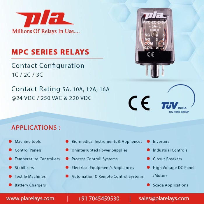 PlaRelays's tweet image. MPC Series Relay
Contact Configuration 
1C/2C/3C
Contact rating 
5A, 10A,12A,16A
@ 24VDC / 250 VAC &amp;amp; 220 VDC

plarelays.com
sales@plarelays.com

follow us on instagram 
instagram.com/plarelays/

#plarelays #pluguinrelay #pcbmountrelay #contact #configuration #mpc #mcc