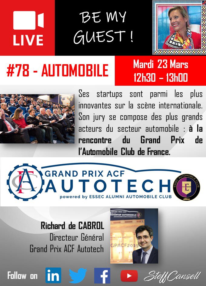 steffcansell's tweet photo. Le prochain #GrandPrixACF, l’exceptionnel jury, les success stories, le paddock...mardi 23 à 12h30, dans #BeMyGuest, on parle #startup &amp; #innovation automobile avec @rdecabrol @gpacfautotech LIVE sur 👉Twitter @steffcansell #automobile @Groupe_Renault @PlasticOmnium @essecalumni https://t.co/vDBGGW9EDy
