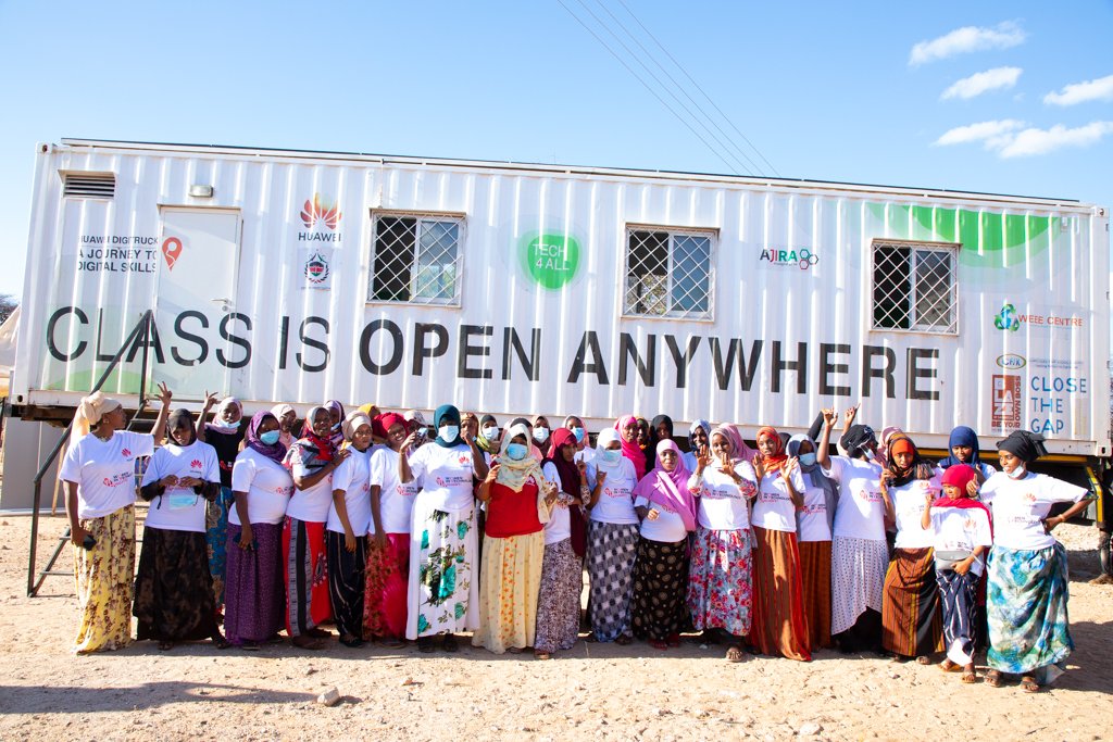 HuaweiKenya's tweet photo. 55 female trainees from Garba Tula, Isiolo County graduated after successfully completing training on soft skills offered by the Huawei Digitruck, in partnership with #WomeninTech Huawei. Incorporating both soft &amp; digital skills among trainees will greatly impact their careers. https://t.co/9gGW8f2e1w