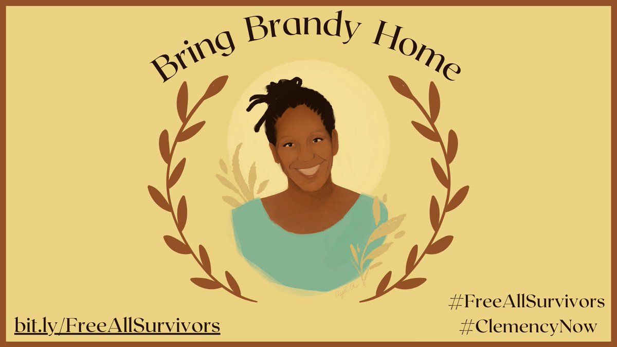 Portrait of Brandy Scott by Azul Quetzalli. Mustard background with black text. Text: “Bring Brandy Home. bit.ly/FreeAllSurvivors. #FreeAllSurvivors #ClemencyNow”]