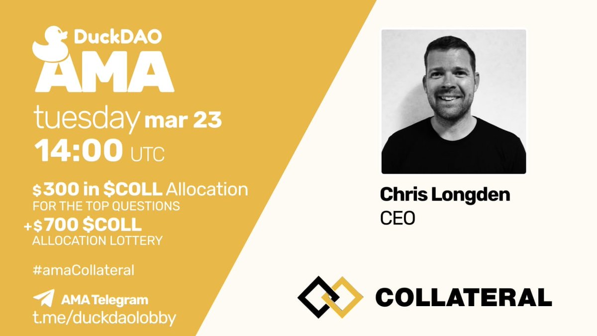 CryptoTownEU's tweet image. DuckDAO is organizing an AMA with @CollateralDefi

$300 in $COLL allocations for the top questions + $700 in $COLL allocations via lottery. 

Lottery rules (and question submissions) in this form: forms.gle/diZZnMMb4bnJJz…

#DeFi #DuckDAO #crypto $DDIM #blockchain
