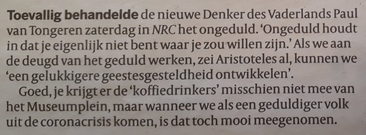 Ook <a href="/bertwagendorp/">Bert Wagendorp</a> <a href="/volkskrant/">de Volkskrant</a> heeft de boodschap opgepikt. #geduld #oefenen