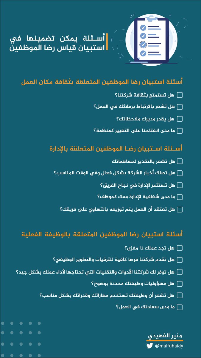 malfuhaidy's tweet photo. 📍 أسئلة يمكن تضمينها في استبيان قياس رضا الموظفين تشمل ثقافة مكان العمل، الإدارة والوظيفة الفعلية.
#المجتمع_الوظيفي https://t.co/S0huSoT3w3