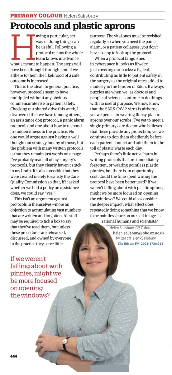 Yes, yes, YES! 

“We now know that the SARS-CoV-2 virus is airborne, yet we persist in wearing flimsy plastic aprons over our scrubs.”

From @HelenRSalisbury in the <a href="/bmj_latest/">The BMJ</a>.

#COVID19