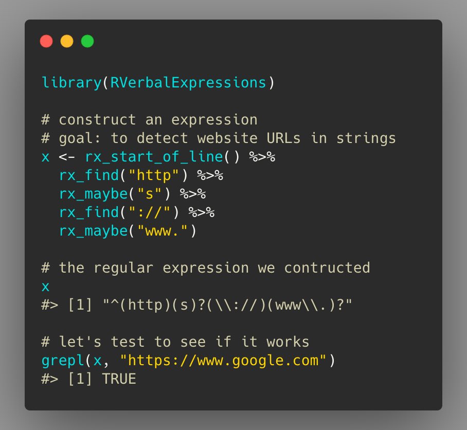 It can be a daunting task to construct regular expressions, especially complex ones.

The {rx_} function family from {RVerbalExpressions} 📦 makes this  more accessible by allowing one to construct regex using verbal expressions 🔡

rverbalexpressions.netlify.app/articles/examp…

#rstats #DataScience