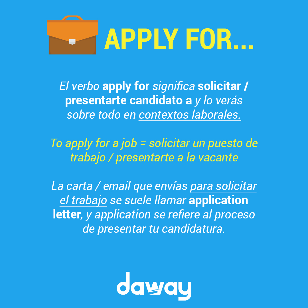dawayingles's tweet photo. Cómo se usa y qué significa en inglés APPLY FOR 👔💂‍♂️
.
"Apply for" significa solicitar / presentarte a un trabajo. Por eso la carta que envías se llama "application letter" 💼📝   
. 
¿Sabrías escribir una frase para practicar esta expresión? 🤔✅
.
#applyfor #clasesingles #daway https://t.co/6Fp2KpKZKn