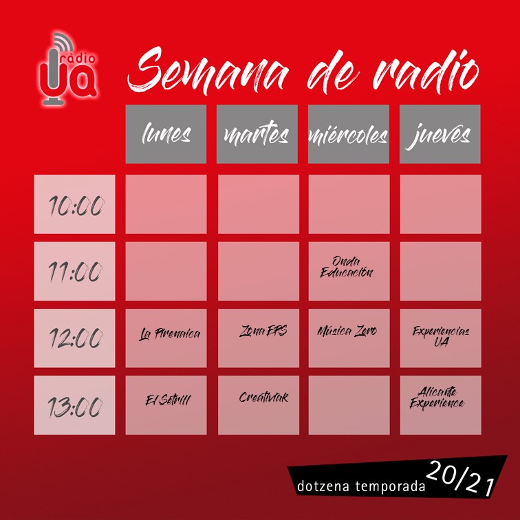 radiodelaUA's tweet image. ¡Esta semana en Ràdio UA!

🅻🆄🅽🅴🆂 
La Pirenaica 😆😌
El Setrill 🧑‍🍳

🅼🆁a🆃🅴🆂 
Zona EPS 👩‍🎓📚
Creativiak 🍉👦

🅼🅸é🆁🅲🅻🅴🆂 
Onda Educación👩‍🎓
Música Zero 🎸🎶

🅹🆄🅴🆅🅴🆂 
Experiencias UA 👩‍🎓👦💻
Alicante Experience🇪🇺

🆅🅸🅴🆁🅽🅴🆂
Experiencias UA (programa especial)