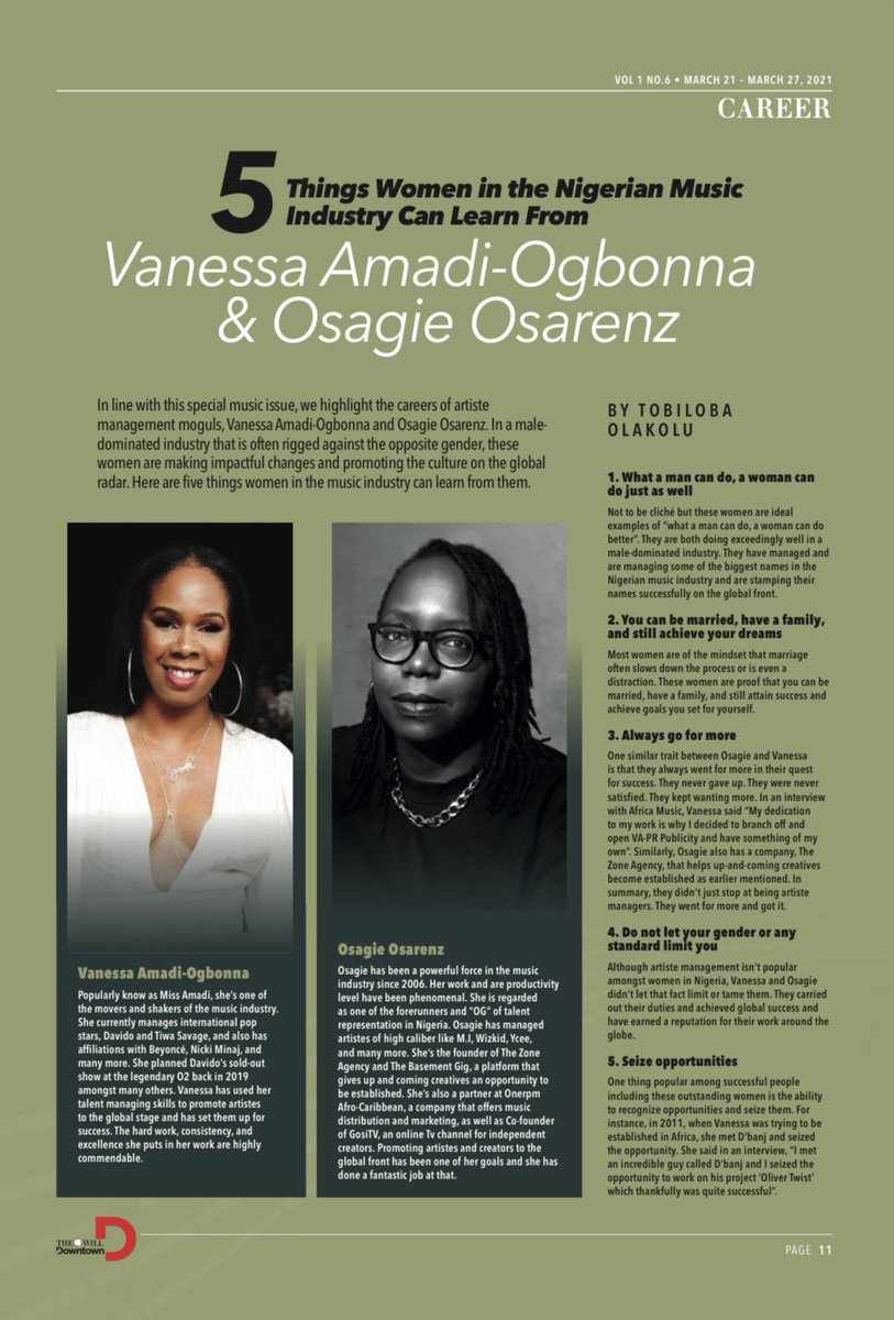 Tobilobaolakolu's tweet photo. Earlier this month, I researched on 5 tips that women in the music industry can take away from this successful women, @MissAmadi &amp; @iamtheOsagie. Kindly read it and be inspired ❤️. https://t.co/4nSBpFZ3iO
