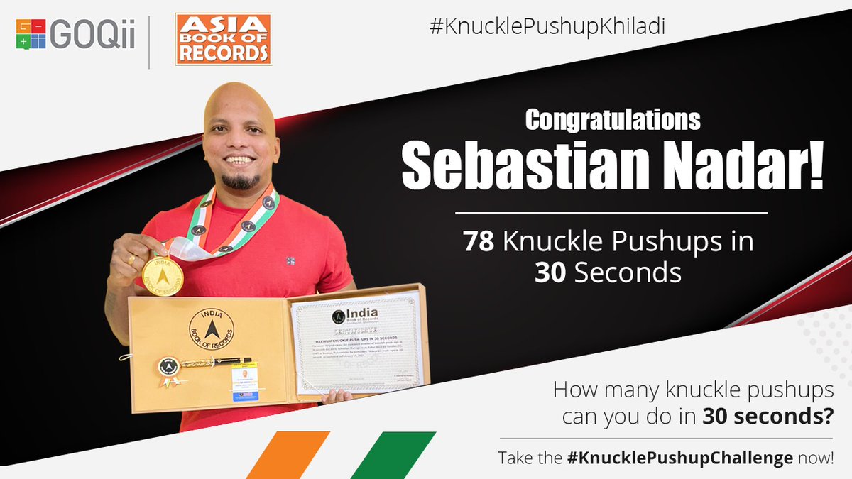 GOQii's tweet photo. We congratulate our #KnucklePushupKhiladi 
@sebastian_nadar. How many knuckle pushups can you do in 30 secs? Share a video tagging us and using the hashtag #KnucklePushupChallenge. 

#MondayMotivation #AsiaBookOfRecords

@akshaykumar @vishalgondal @indiabookrecord https://t.co/JZmTgc3B90