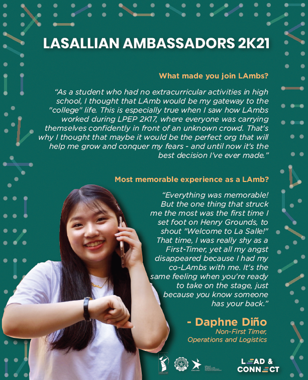 DLSU_LAMB's tweet photo. Want to hear what our Lasallian Ambassadors have got to say?
Check out the testimony of Daphne Diรฑo, one of our Non First Timers from the Operations and Logistics Committee and an Aspiring Core 2K19, as she talks about what it's like to be a LAmb.
#LAmb2K21
#LeadAndConnect https://t.co/ZRm6Nw7PEc