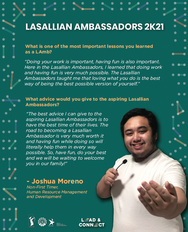 DLSU_LAMB's tweet photo. Still not convinced why you should be the next Lasallian Ambassador?
Then check out Joshua Moreno's testimony, a Non First Timer from the Human Resource Development and Management Committee, as he talks about the life as a Lasallian Ambassador.
#LAmb2K21
#LeadAndConnect https://t.co/ZNuRhVwqs2