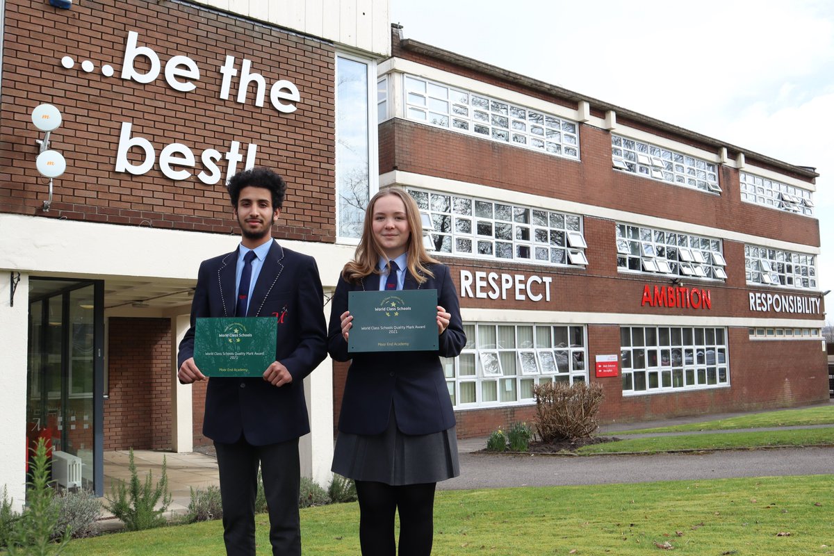 moor_end's tweet photo. It's official! We have moved beyond Outstanding and are now the only #worldclass school in Kirklees!  Head Girl Lucy and Head Boy Ahmad proudly representing us :) Watch this space ... @SouthPennine @WCSQM https://t.co/weG1lNKyB2