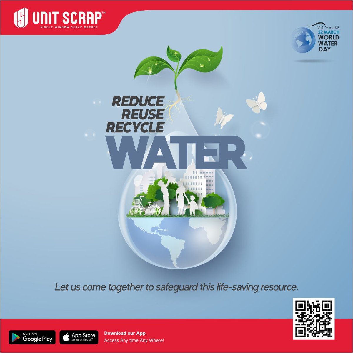 UnitScrap's tweet photo. Water is essential for the survival of all kinds of ecosystems. Valuing its multitude of benefits today can help us conserve water for the years to come.

This World Water Day, let's make a move to save it and consume it wisely.

HAPPY WORLD WATER DAY!

#WaterDay2021 #UnitScrap https://t.co/IEdsSnZtX4