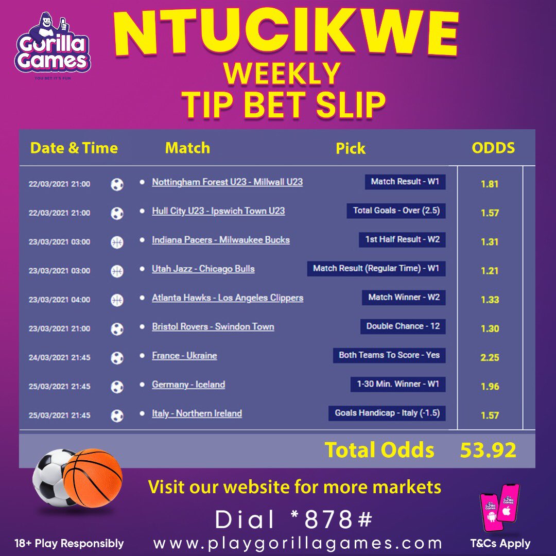 GorillaGamesRw's tweet photo. Ntucikwe Tip Bet Slip: 22nd March - 26th  March 2021

Gorilla games yabaziniye Bet Slip yabafasha kumenya uko mwatega ku mikino itandukanye muri iki cyumweru

#betslip #football #stayconnected #Ntucikwe #SpecialWeekendPicks #GorillaGames https://t.co/tNTHTbhBky