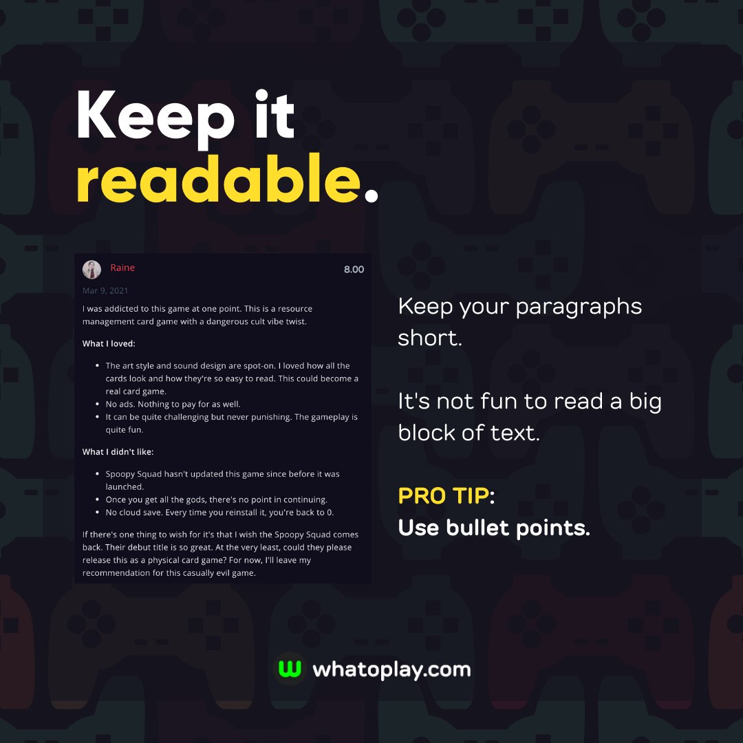 whatoplay's tweet photo. https://t.co/c9vXrkFQBb's review editor got an update. 🎉
To celebrate, here are a few of our tips on how to write a great review with examples from a few of our awesome users.
#whatoplayupdate #whatoplay #gamereview https://t.co/ww7YkHC117
