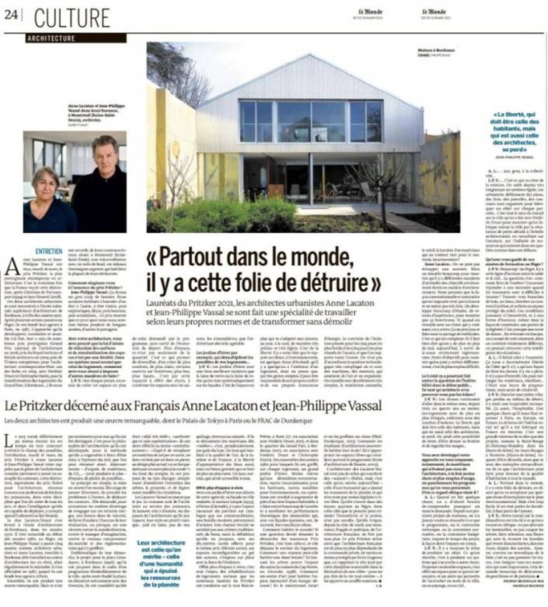 👏 A Lacaton et JP Vassal, lauréats du #PritzkerPrice ! Architectes du mieux vivre, partisans de l’existant et de l’histoire collective, leur vision tempère la tentation de tjs tout vouloir réinventer. Une pensée sensible qui donne un vrai coup de fouet ! #TeamArchi #logement