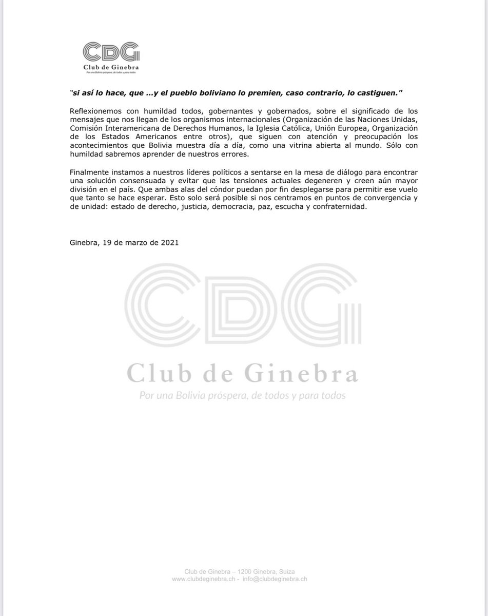 ClubDeGinebra's tweet photo. Nuestro pronunciamiento con respecto a las recientes demostraciones de fragilidad del sistema judicial y ante el inminente peligro de un grave conflicto social en #Bolivia
Sólo una #Justicia independiente e imparcial permitirá una coexistencia pacífica entre todos los bolivianos. https://t.co/kqlQew745Z