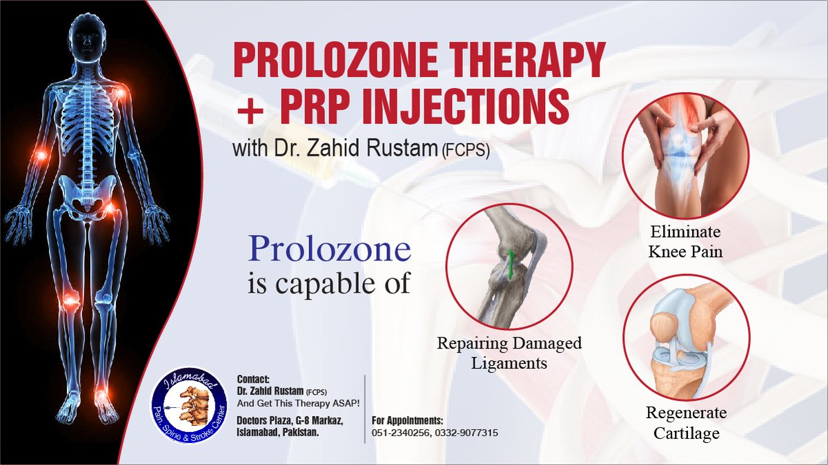 Get Prolozone Therapy + PRP Injections with Dr. Zahid Rustam (FCPS)
Prolozone injections are very effective for individuals who are sufferings from chronic pain.
It is safe and effective!
#prolozone #therapy #drzahidrustam #doctor #Pakistan #Islamabad #prolozonetherapy #health