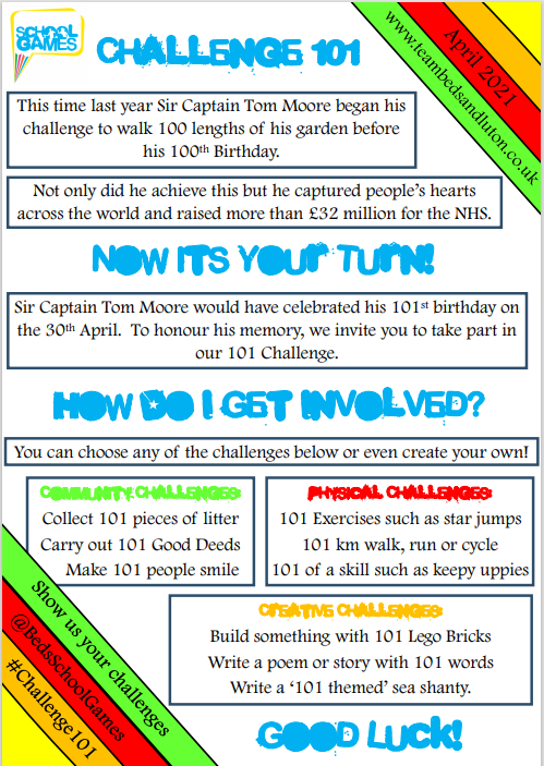 We are proud to be launching our 101 Challenge today to honour the memory of Sir Captain Tom Moore and all that he achieved. We invite you to take part in our 101 Challenge during April. Please see the poster &amp; video below as to how to get involved @teamBEDS
