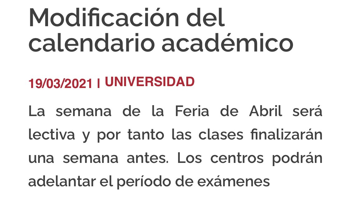 ‼️El Consejo de Gobierno de la <a href="/unisevilla/">Universidad de Sevilla</a> ha aprobado la modificación del calendario académico. 
💃🏻La semana de Feria de Abril pasa a ser lectiva, por lo que las clases finalizan una semana antes y los centros pueden adelantar los exámenes. us.es/actualidad-de-…
#SeEstanislao