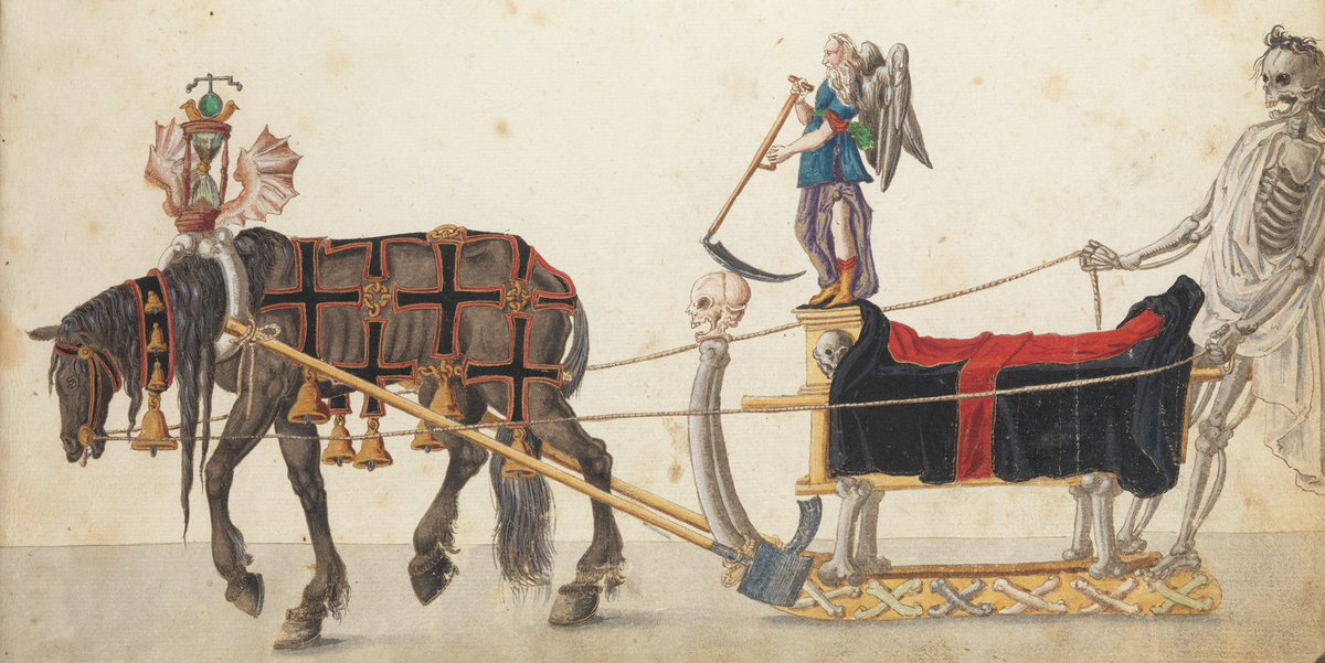 Death themed sleigh from the Nuremberg winter procession in 1640/41. Death stands in the driving position and time stands on the sled too. The sled is richly decorated with bones and skulls. The horse carries a winged hourglass (<a href="/metmuseum/">The Metropolitan Museum of Art</a>) #MementoMoriMonday #mementomori