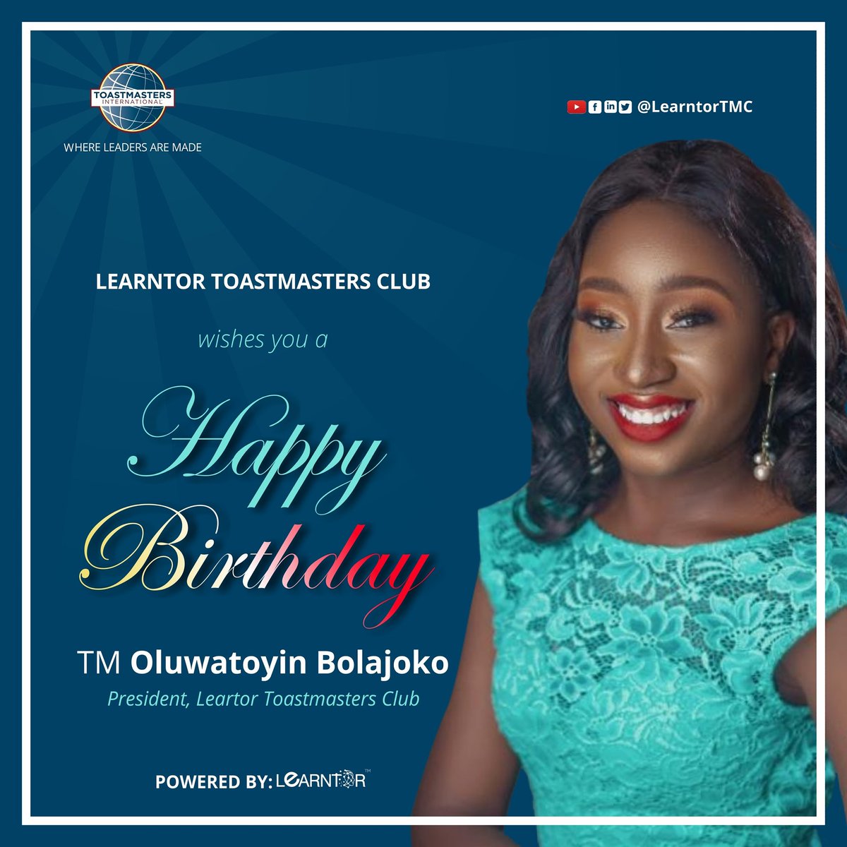 LEARNTORTM's tweet photo. A very happy birthday to an astute speaker and visionary leader - TM Oluwatoyin Bolajoko (@notjustastoryteller)

Wishing you the very best of the new year and a joyous celebration. 

With love ❤️from all of us @learntortmc.

#happybirthday
#leadership
#learntortmc https://t.co/aqpEWb4nNd
