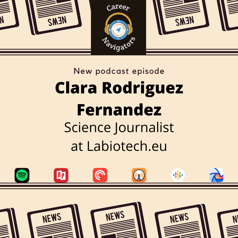 CareerNvigators's tweet photo. Tune in to https://t.co/k2WgpNnORC or your favourite podcast app to listen to my interview with Clara Rodríguez Fernández about her journey to become a science journalist! #podcast #science #phdlife #postdoclife #academicchatter https://t.co/BmTYBur7SB