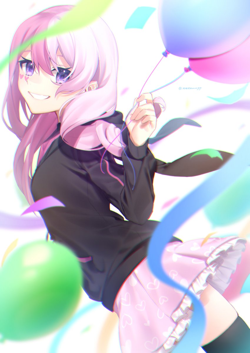 1girl balloon solo skirt pink hair smile thighhighs  illustration images