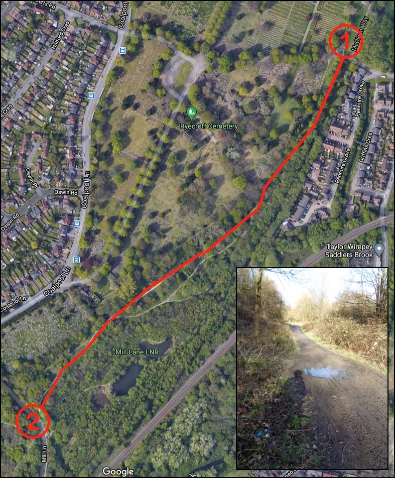 WMBC are making a bid for funding money in order to improve the section of path between the end of the McClean Way at Ryecroft Cemetery (1) and Mill Lane (2) What WMBC needs to do is show strong community support for this and all you need to do is like this commen.