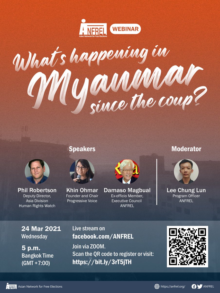 Looking forward to speaking at <a href="/Anfrel/">ANFREL</a>'s webinar about #WhatsHappeningInMyanmar -- on 24 March at 5 pm in #Bangkok. Event will be livestreamed on @Facebook, free to join online too. <a href="/PVamplify/">Progressive Voice</a>  #SaveMyanmar <a href="/UNinMyanmar/">United Nations in Myanmar</a> #Myanmar #Burma
