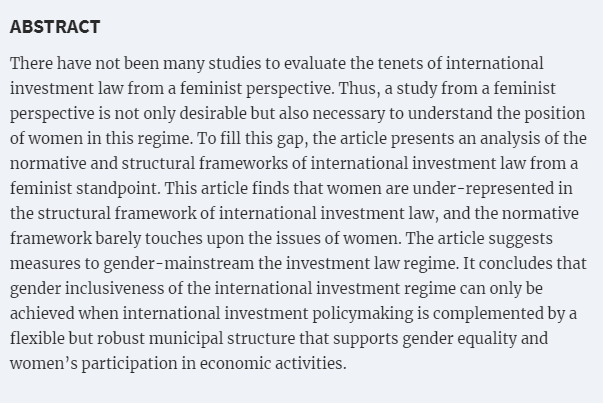 @amitsinha02 and @pushkararathore study 300 IIAs to identify gender provisions and analyse gender diversity of claimants and arbitrators in #ISDS. They suggest that women are underrepresented and propose measures to address #GenderBias. #freetoread 

academic.oup.com/jiel/article/2…