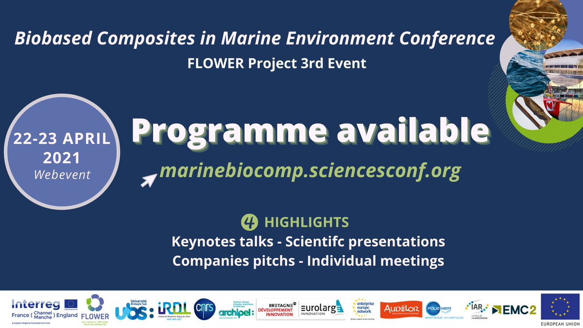 🆕Programme of Biobased Composites in Marine Environment Conference is out 🌊
During 4 sessions, discover 4 keynote talks, 22 scientific presentations, 10 companies pitchs with 2 panel discussions and 4 hours of B2B meetings!
Do not forget to register ➡️ bit.ly/38VFICl