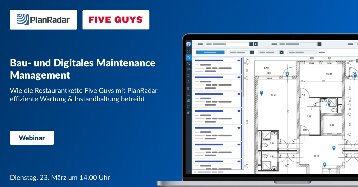 PlanRadarDACH's tweet photo. Digitales Maintenance Management mit Five Guys und PlanRadar. 

Am Dienstag, dem 23. März um 14:00 Uhr erfahren Sie im kostenlosen #Webinar, wie digitale Tools die Wartung- und Instandhaltung im Objekt effizienter machen.

Jetzt Anmelden unter: 
https://t.co/MwjgHdmD7u https://t.co/mWaG361fcn