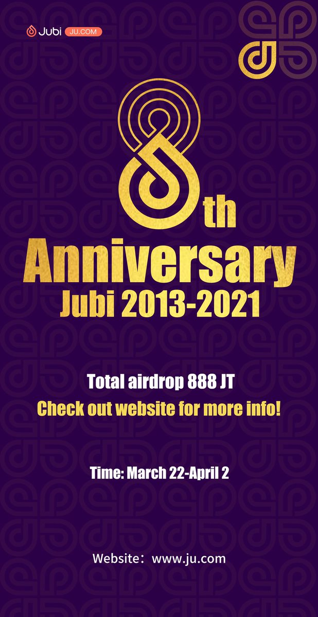 Jucom_Official's tweet image. Repost and like to Share 888JT airdrop!

Rules:
1)Repost and Like the tweet of Jubi’s 8th anniversary event;
2)Complete KYC2 on Jubi, register in the form. 
 
Time: Mar. 22nd to April 2nd 20:00(UTC+8)

Fill the form→ forms.gle/sux3WpRTAcXsHQ…