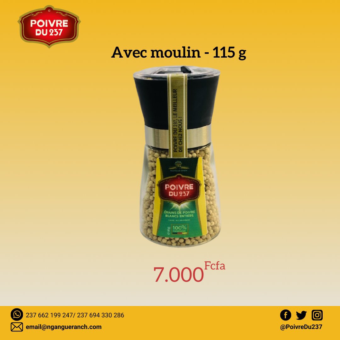 Poivre5Terroirs's tweet image. Nous avons voulu innover avec cet emballage en intégrant un moulin qui vous permettra d'écraser le poivre et d'en recevoir directement la poudre pour assaisonner vos mets en cuisine ou relever le goût de vos repas à table. #PoivreDu237 #Epice #Poivre #MadeInCameroon