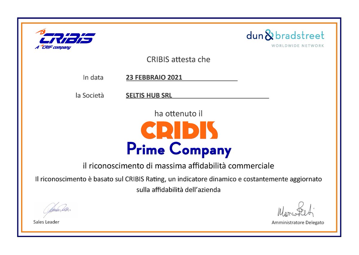 SeltisHub's tweet photo. Siamo orgogliosi di comunicare che @Cribis_Official ci ha assegnato il Cribis Prime Company riconoscendoci massima affidabilità finanziaria e commerciale. https://t.co/rvvuWq7ivl