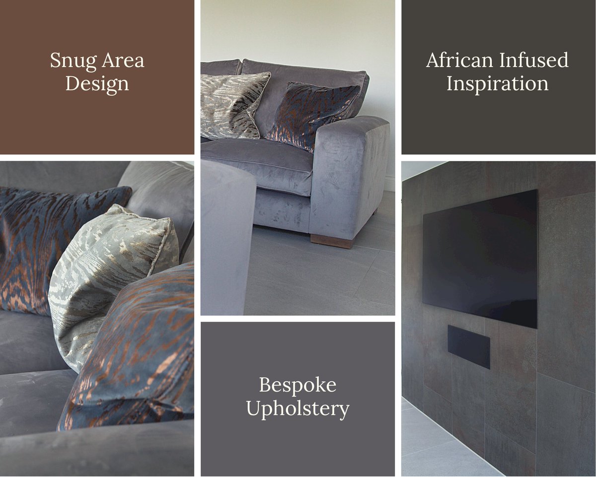 A few more beautiful photos of the house from last weeks posts. This is the Snug Area which is open plan to the kitchen. African infused inspiration with bespoke Upholstery and beautiful textured feature wall with a recessed TV. #interiordesign #idesign #design #innovative
