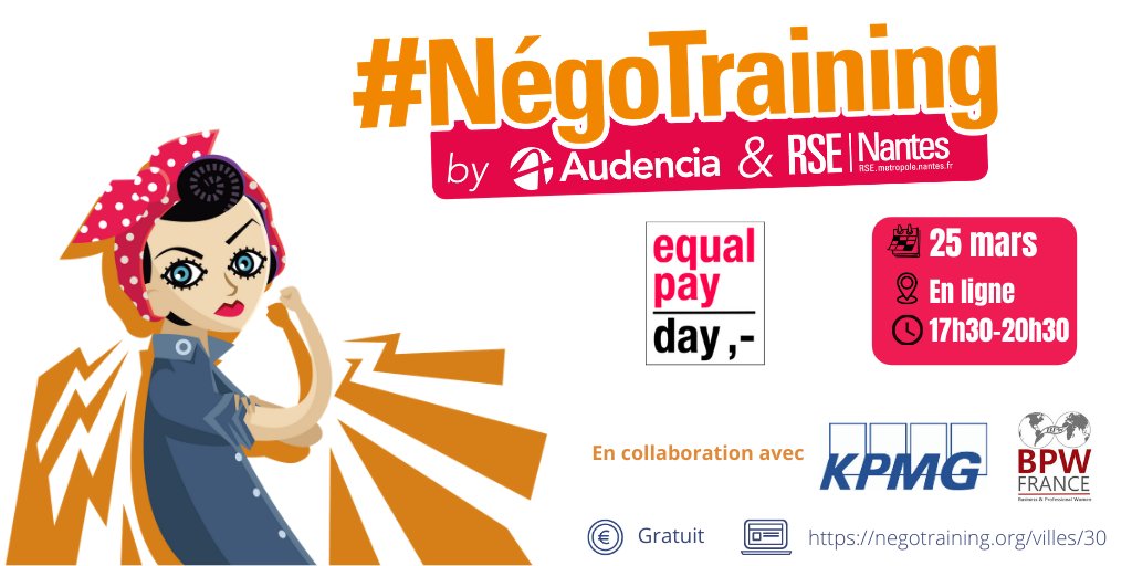 audencia's tweet photo. #RSE - A l’occasion de l'#EqualPayDay, le 25/03, @audencia propose 6 ateliers #NégoTraining en simultané et à distance, pour sensibiliser les femmes👩 à la #negosalariale & aux inégalités. Avec @KPMG_France et @bpwfrance.
#egapro #egaFH #ImpactPositif
👉 https://t.co/baZwdUys6r https://t.co/tGjj6MDJxm