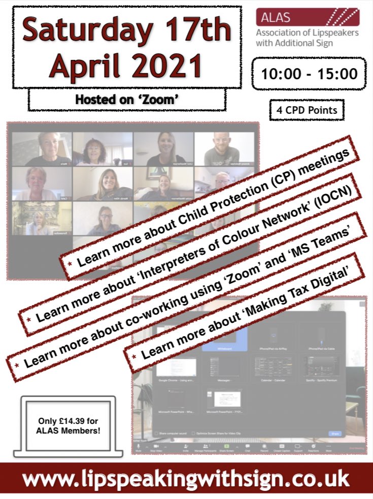 We’re proud to announce our 'Spring Workshop' taking place on Saturday 17th April 10:00-15:00. We will be joined by the 'Interpreters of Colour Network' (<a href="/IoCN_1/">Interpreters Of Colour Network - IOCN</a>) in addition to a qualified tax advisor &amp; members of our very own ALAS Committee: lipspeakingwithsign.co.uk/event/springwo… #Lipspeaking