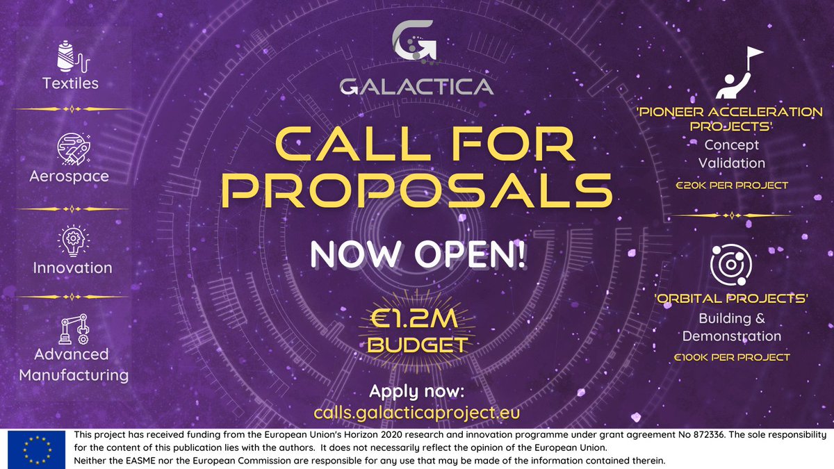 EU_EISMEA's tweet photo. #INNOSUP project @GALACTICA_EU 1st call is now open!📣
1.2M€ to support innovative #SMEs in the #textile, #aerospace and/or #advancedmanufacturing sectors!
Apply by 19 May👉https://t.co/8Sgyu3NM9D
🚀 https://t.co/E1vd4BUnBu