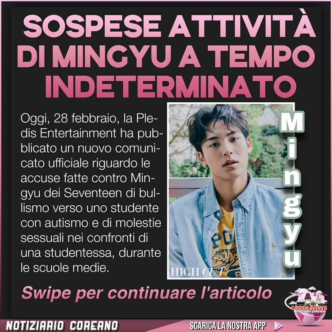 coreanewsit's tweet photo. Sospese attività di Mingyu a tempo indeterminato
[1/4]
@pledis_17 #MINGYU #coreanews #kpop #southkorea #SEVENTEEN 
https://t.co/nW0U6joXpI https://t.co/qfh4cneTrP