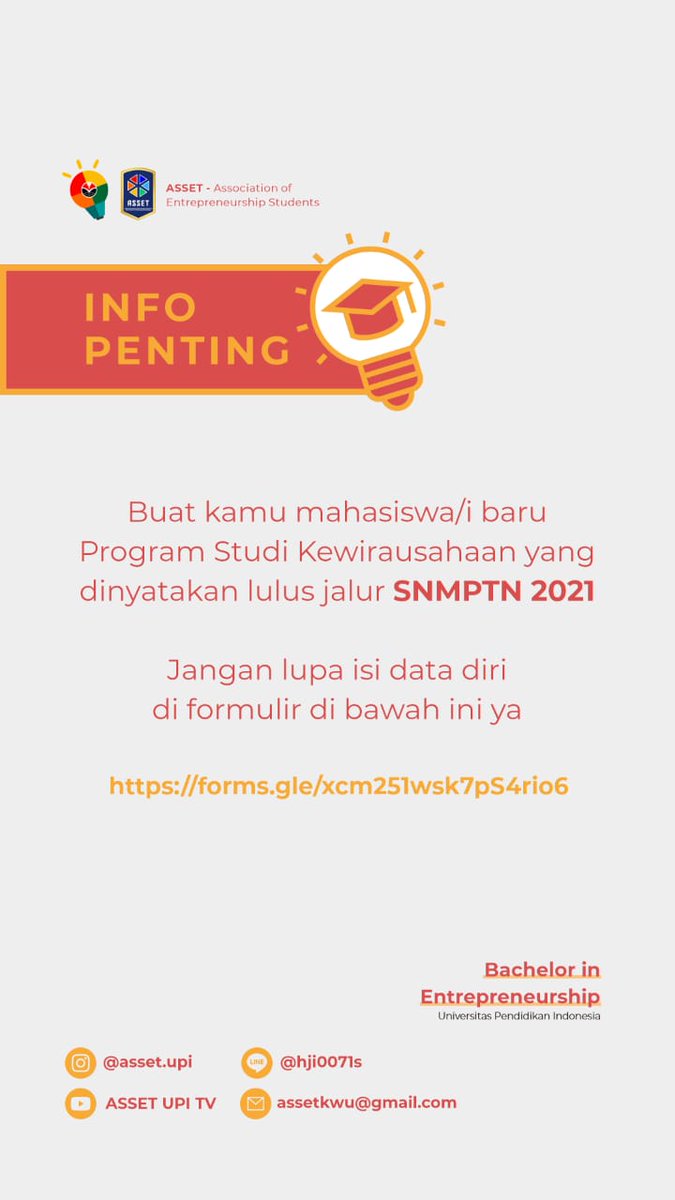 Hallo teman2 SNMPTN yang lulus di Prodi Kewirausahaan UPI Tasikmalaya, congratulations yaa🥳👏

Teman2 yg lulus SNMPTN bisa langsung mengisi data diri pada link formulir di bawah ini ya.

#assetinfo #assetupi #upitasikmalaya #kewirausahaanupi #prodikewirausahaan #snmptn2021