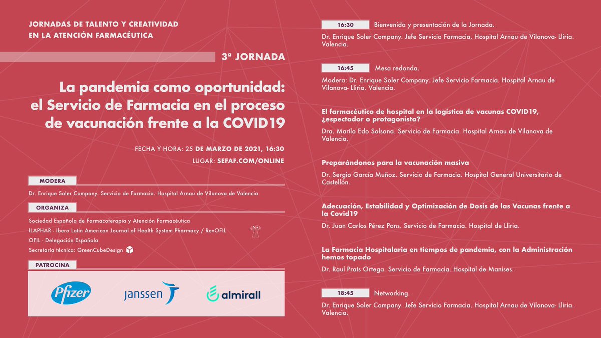 soler_kike's tweet photo. ¿Quieres conocer cómo la #FarmaciaHospitalaria contribuye a la optimización del proceso de vacunación frente a la COVID-19?¡También en estos momentos de incertidumbre ciudadana sobre su seguridad! Este jueves 25 de marzo. Regístrate en https://t.co/KlXS2e7BGD @sefh_  @Olguitxi https://t.co/p7WQ742iaP