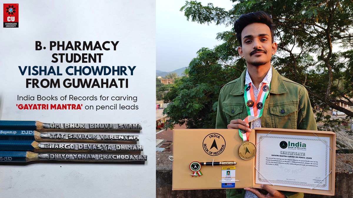 Chandigarh_uni's tweet photo. In an amazing feat accomplished by another #CUian, B. Pharmacy Student 𝙑𝙞𝙨𝙝𝙖𝙡 𝘾𝙝𝙤𝙬𝙙𝙝𝙧𝙮 from #Guwahati, Assam (@mygovassam) has got his name registered in the India Books of Records for carving '𝘎𝘢𝘺𝘢𝘵𝘳𝘪 𝘔𝘢𝘯𝘵𝘳𝘢' on pencil leads. https://t.co/w7GbLmrO8J